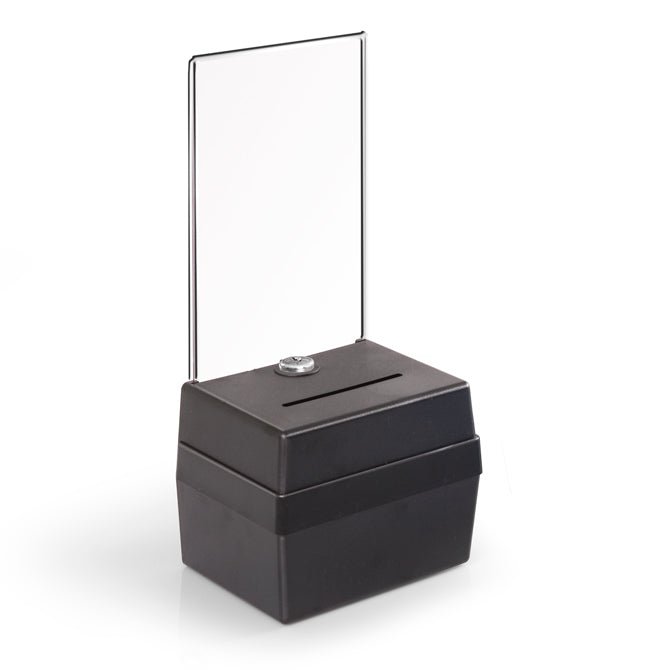 6.5" x 5" Small Locking Ballot Box with Sign Header, Black - Braeside Displays