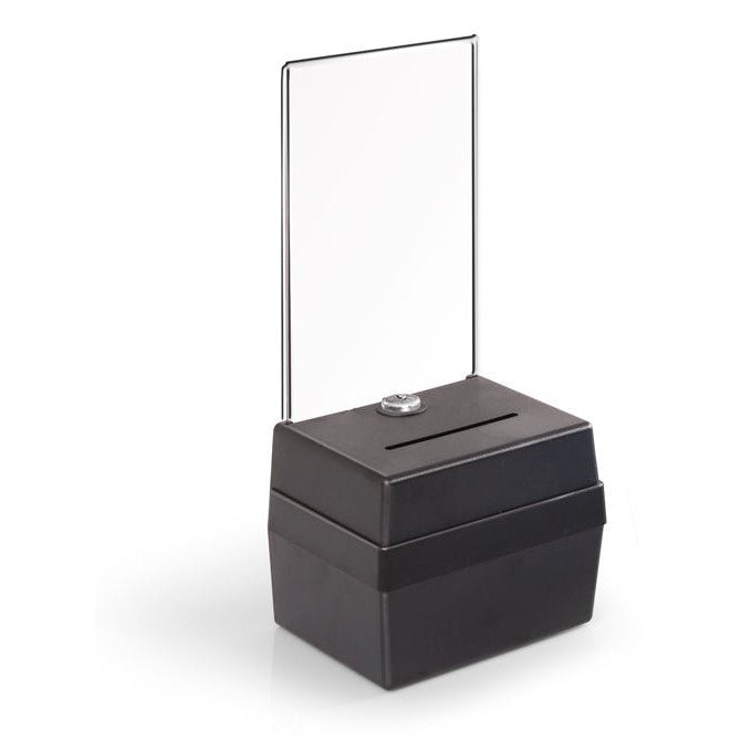 6.5" x 5" Small Locking Ballot Box with Sign Header, Black - Braeside Displays