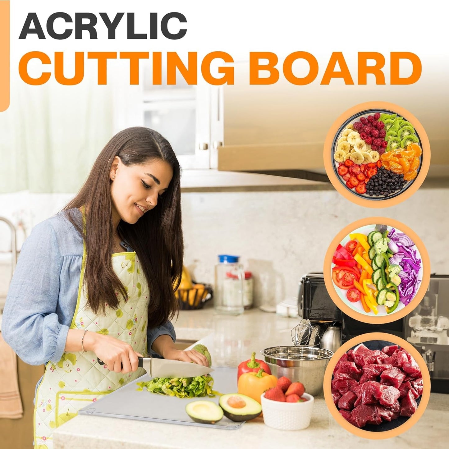 DisplayBug Clear Cutting Board for Countertop – 24 x 18-inch Acrylic Cutting Boards for Kitchen Counter – Food-Grade Acrylic Chopping Board with Lip – Non-Slip Acrylic Board - Braeside