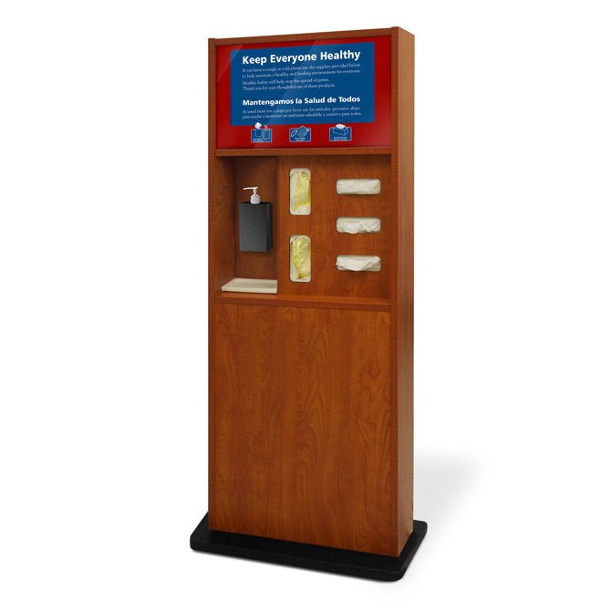 Preventionist Standard Five-In-One Infection Control Kiosk, Cherry Finish - Braeside Displays