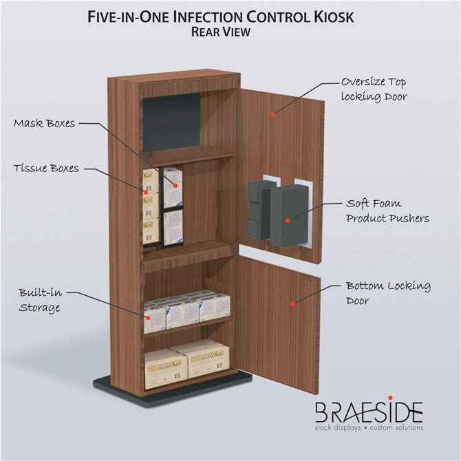 Preventionist Standard Five-In-One Infection Control Kiosk, Cherry Finish - Braeside Displays